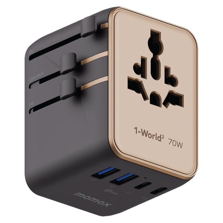 MOMAX UA22 1-World2 70W Dual AC Mini GaN Global Travel Fast Charging Socket, UA22(Black), UA22(Desert Gold)