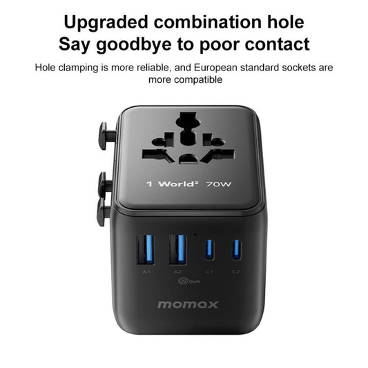 MOMAX UA22 1-World2 70W Dual AC Mini GaN Global Travel Fast Charging Socket, UA22(Black), UA22(Desert Gold)