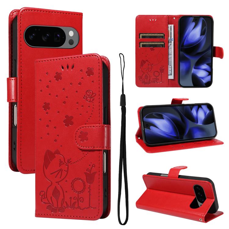Cat and Bee Embossed Flip Leather Phone Case, For Google Pixel 10a, For Google Pixel 10 Pro XL 5G Global, For Google Pixel 10 / 10 Pro Global