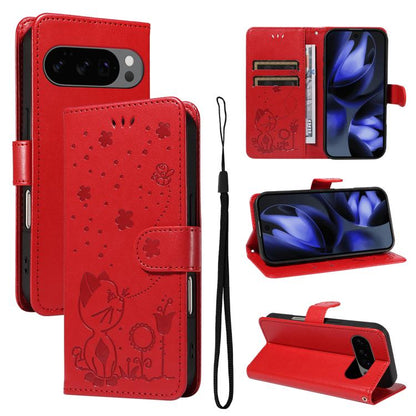 Cat and Bee Embossed Flip Leather Phone Case, For Google Pixel 10a, For Google Pixel 10 Pro XL 5G Global, For Google Pixel 10 / 10 Pro Global