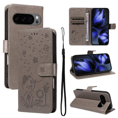 Cat and Bee Embossed Flip Leather Phone Case, For Google Pixel 10a, For Google Pixel 10 Pro XL 5G Global, For Google Pixel 10 / 10 Pro Global