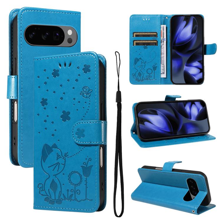 Cat and Bee Embossed Flip Leather Phone Case, For Google Pixel 10a, For Google Pixel 10 Pro XL 5G Global, For Google Pixel 10 / 10 Pro Global