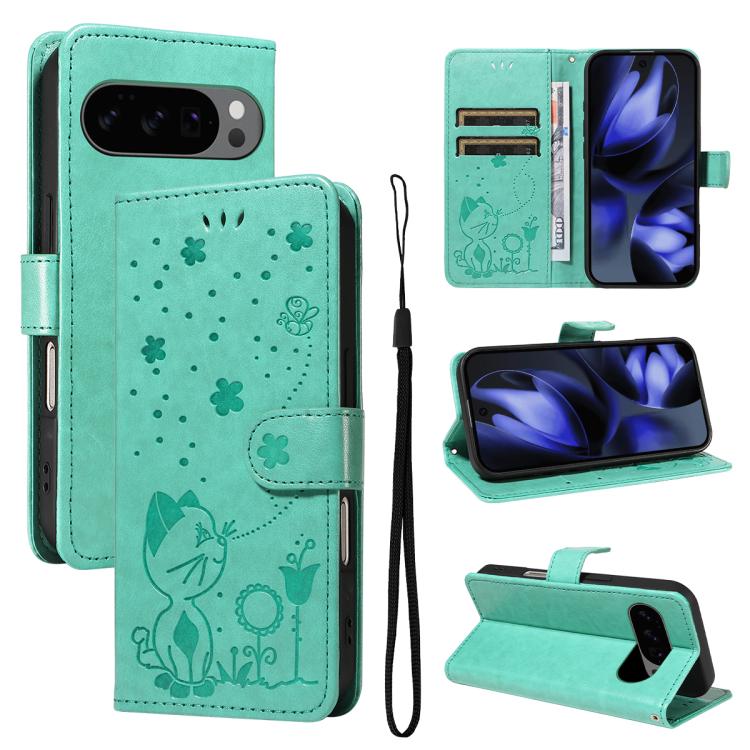 Cat and Bee Embossed Flip Leather Phone Case, For Google Pixel 10a, For Google Pixel 10 Pro XL 5G Global, For Google Pixel 10 / 10 Pro Global