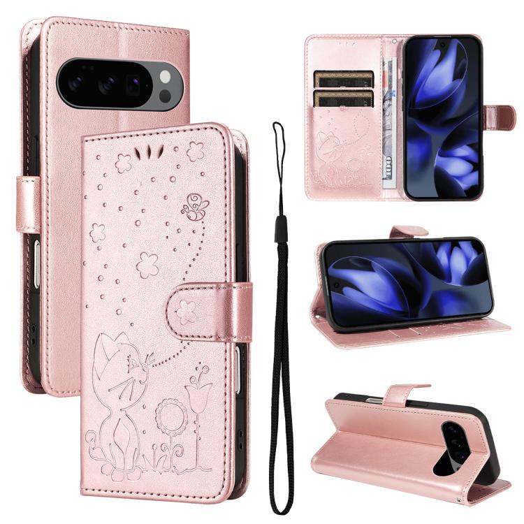 Cat and Bee Embossed Flip Leather Phone Case, For Google Pixel 10a, For Google Pixel 10 Pro XL 5G Global, For Google Pixel 10 / 10 Pro Global