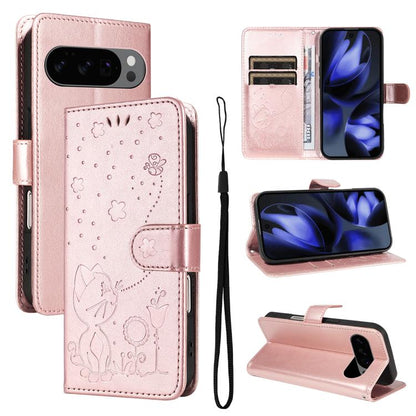 Cat and Bee Embossed Flip Leather Phone Case, For Google Pixel 10a, For Google Pixel 10 Pro XL 5G Global, For Google Pixel 10 / 10 Pro Global