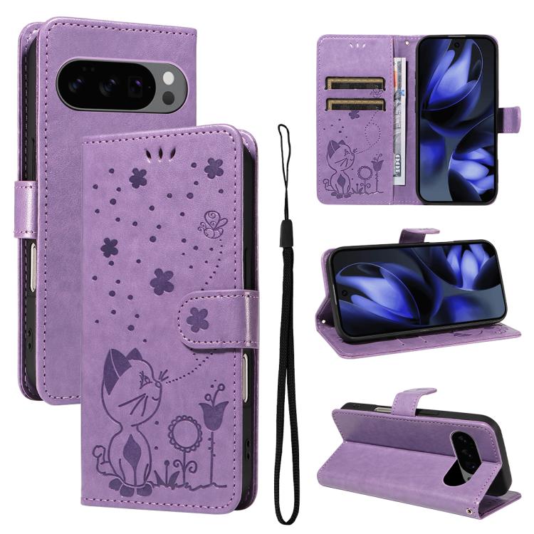 Cat and Bee Embossed Flip Leather Phone Case, For Google Pixel 10a, For Google Pixel 10 Pro XL 5G Global, For Google Pixel 10 / 10 Pro Global