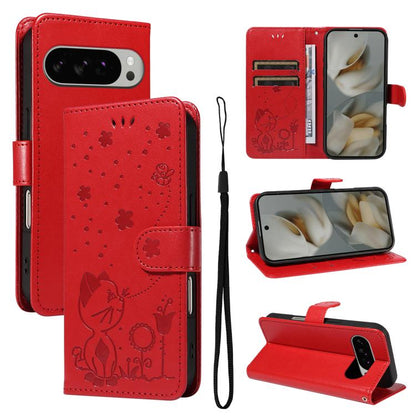 Cat and Bee Embossed Flip Leather Phone Case, For Google Pixel 10a, For Google Pixel 10 Pro XL 5G Global, For Google Pixel 10 / 10 Pro Global