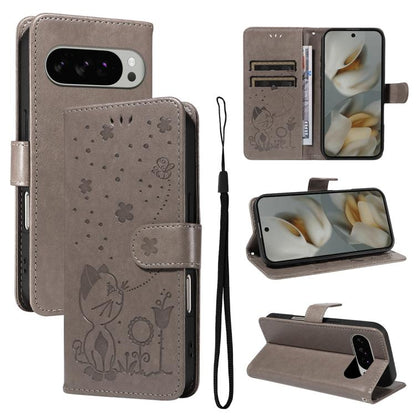 Cat and Bee Embossed Flip Leather Phone Case, For Google Pixel 10a, For Google Pixel 10 Pro XL 5G Global, For Google Pixel 10 / 10 Pro Global