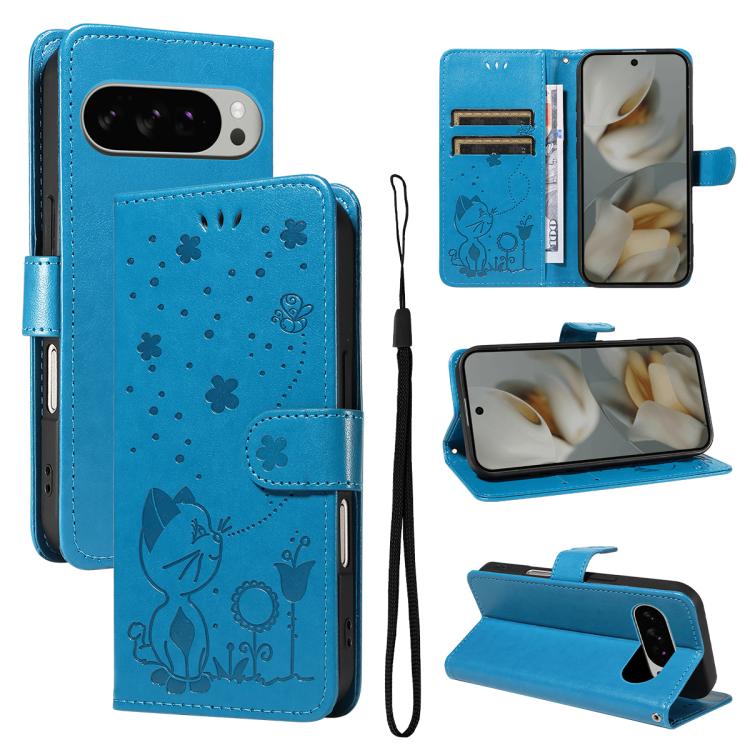 Cat and Bee Embossed Flip Leather Phone Case, For Google Pixel 10a, For Google Pixel 10 Pro XL 5G Global, For Google Pixel 10 / 10 Pro Global