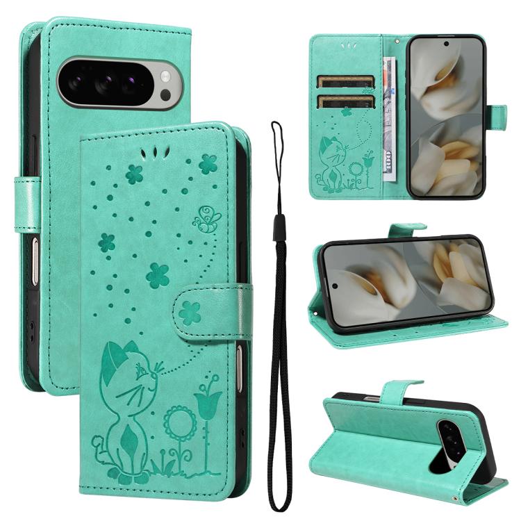 Cat and Bee Embossed Flip Leather Phone Case, For Google Pixel 10a, For Google Pixel 10 Pro XL 5G Global, For Google Pixel 10 / 10 Pro Global