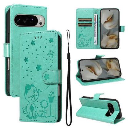 Cat and Bee Embossed Flip Leather Phone Case, For Google Pixel 10a, For Google Pixel 10 Pro XL 5G Global, For Google Pixel 10 / 10 Pro Global