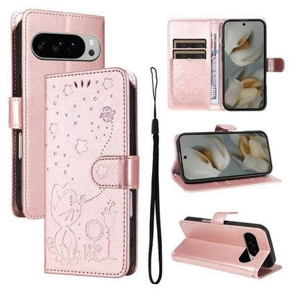 Cat and Bee Embossed Flip Leather Phone Case, For Google Pixel 10a, For Google Pixel 10 Pro XL 5G Global, For Google Pixel 10 / 10 Pro Global