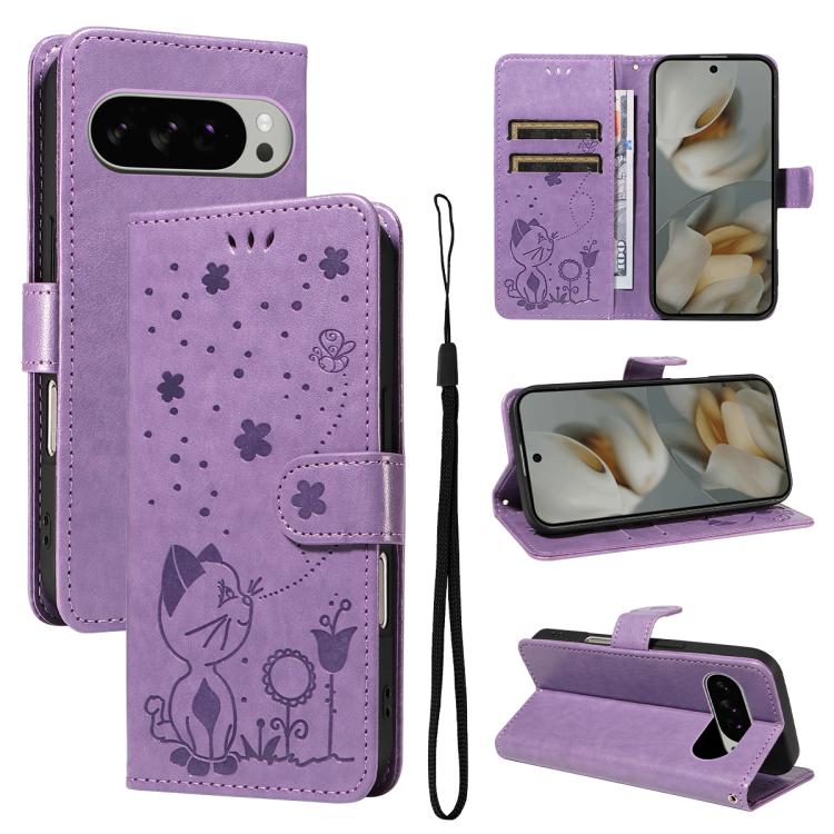 Cat and Bee Embossed Flip Leather Phone Case, For Google Pixel 10a, For Google Pixel 10 Pro XL 5G Global, For Google Pixel 10 / 10 Pro Global