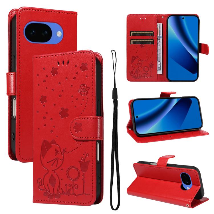 Cat and Bee Embossed Flip Leather Phone Case, For Google Pixel 10a, For Google Pixel 10 Pro XL 5G Global, For Google Pixel 10 / 10 Pro Global