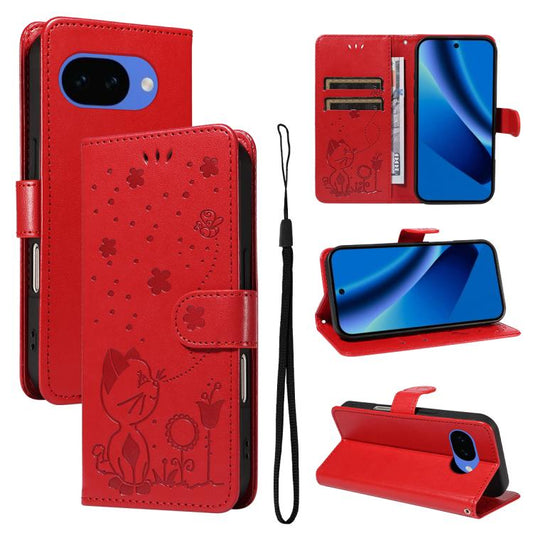 Cat and Bee Embossed Flip Leather Phone Case, For Google Pixel 10a, For Google Pixel 10 Pro XL 5G Global, For Google Pixel 10 / 10 Pro Global