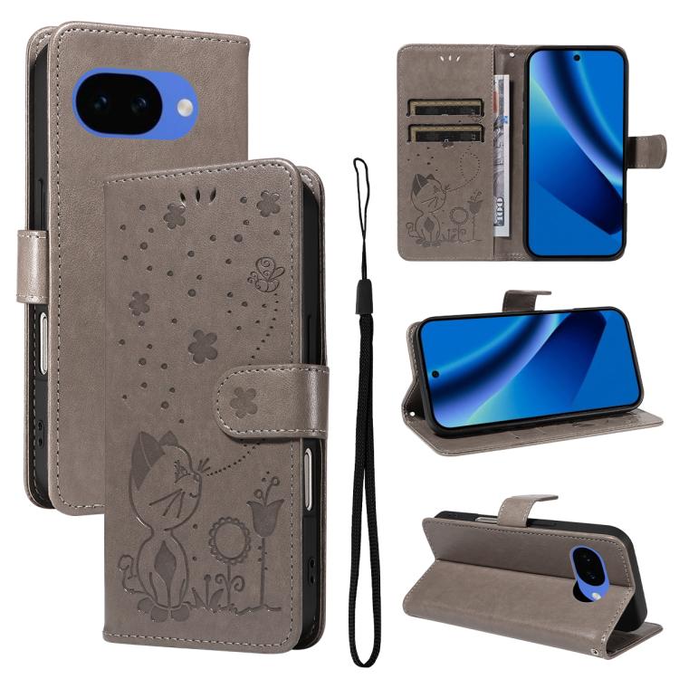 Cat and Bee Embossed Flip Leather Phone Case, For Google Pixel 10a, For Google Pixel 10 Pro XL 5G Global, For Google Pixel 10 / 10 Pro Global