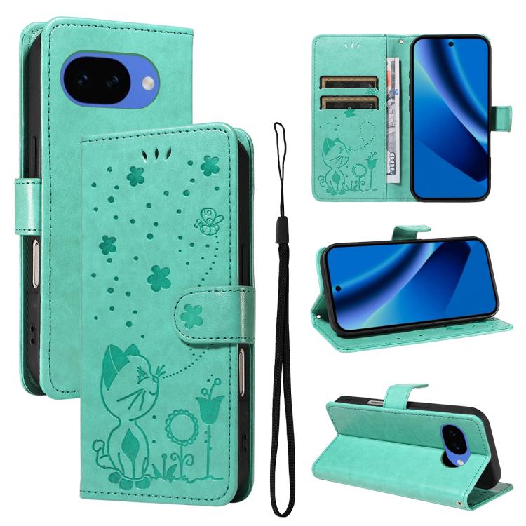 Cat and Bee Embossed Flip Leather Phone Case, For Google Pixel 10a, For Google Pixel 10 Pro XL 5G Global, For Google Pixel 10 / 10 Pro Global