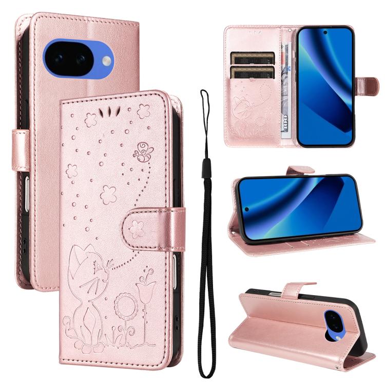 Cat and Bee Embossed Flip Leather Phone Case, For Google Pixel 10a, For Google Pixel 10 Pro XL 5G Global, For Google Pixel 10 / 10 Pro Global