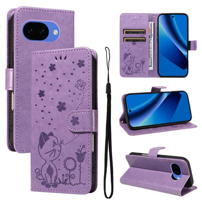 Cat and Bee Embossed Flip Leather Phone Case, For Google Pixel 10a, For Google Pixel 10 Pro XL 5G Global, For Google Pixel 10 / 10 Pro Global