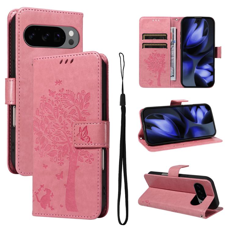 Tree & Cat Embossed Pattern Flip Leather Phone Case, For Google Pixel 10a, For Google Pixel 10 Pro XL 5G Global, For Google Pixel 10 5G / 10 Pro 5G Global