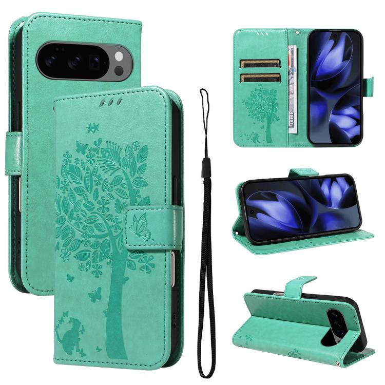 Tree & Cat Embossed Pattern Flip Leather Phone Case, For Google Pixel 10a, For Google Pixel 10 Pro XL 5G Global, For Google Pixel 10 5G / 10 Pro 5G Global