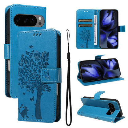 Tree & Cat Embossed Pattern Flip Leather Phone Case, For Google Pixel 10a, For Google Pixel 10 Pro XL 5G Global, For Google Pixel 10 5G / 10 Pro 5G Global