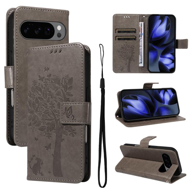 Tree & Cat Embossed Pattern Flip Leather Phone Case, For Google Pixel 10a, For Google Pixel 10 Pro XL 5G Global, For Google Pixel 10 5G / 10 Pro 5G Global