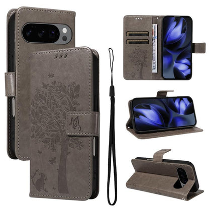 Tree & Cat Embossed Pattern Flip Leather Phone Case, For Google Pixel 10a, For Google Pixel 10 Pro XL 5G Global, For Google Pixel 10 5G / 10 Pro 5G Global