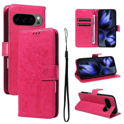 Tree & Cat Embossed Pattern Flip Leather Phone Case, For Google Pixel 10a, For Google Pixel 10 Pro XL 5G Global, For Google Pixel 10 5G / 10 Pro 5G Global