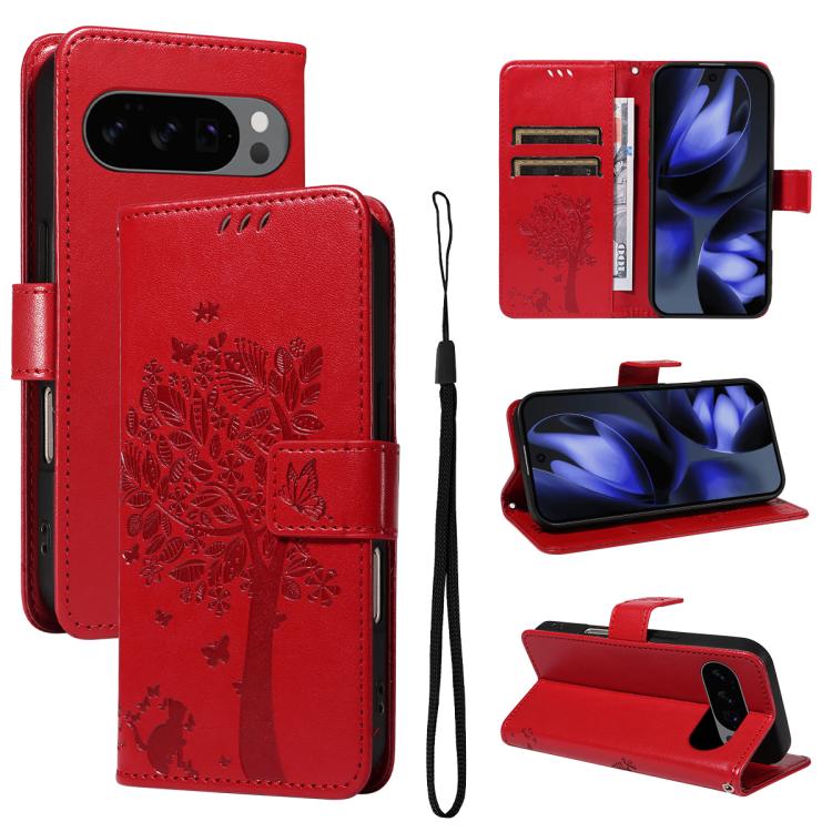 Tree & Cat Embossed Pattern Flip Leather Phone Case, For Google Pixel 10a, For Google Pixel 10 Pro XL 5G Global, For Google Pixel 10 5G / 10 Pro 5G Global