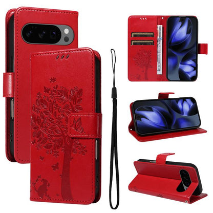 Tree & Cat Embossed Pattern Flip Leather Phone Case, For Google Pixel 10a, For Google Pixel 10 Pro XL 5G Global, For Google Pixel 10 5G / 10 Pro 5G Global
