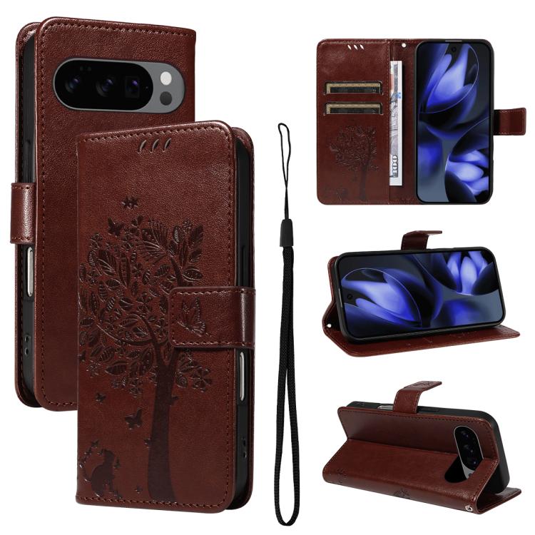 Tree & Cat Embossed Pattern Flip Leather Phone Case, For Google Pixel 10a, For Google Pixel 10 Pro XL 5G Global, For Google Pixel 10 5G / 10 Pro 5G Global