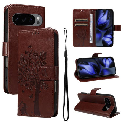 Tree & Cat Embossed Pattern Flip Leather Phone Case, For Google Pixel 10a, For Google Pixel 10 Pro XL 5G Global, For Google Pixel 10 5G / 10 Pro 5G Global