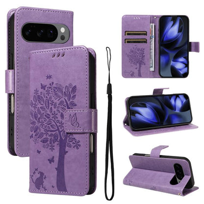 Tree & Cat Embossed Pattern Flip Leather Phone Case, For Google Pixel 10a, For Google Pixel 10 Pro XL 5G Global, For Google Pixel 10 5G / 10 Pro 5G Global
