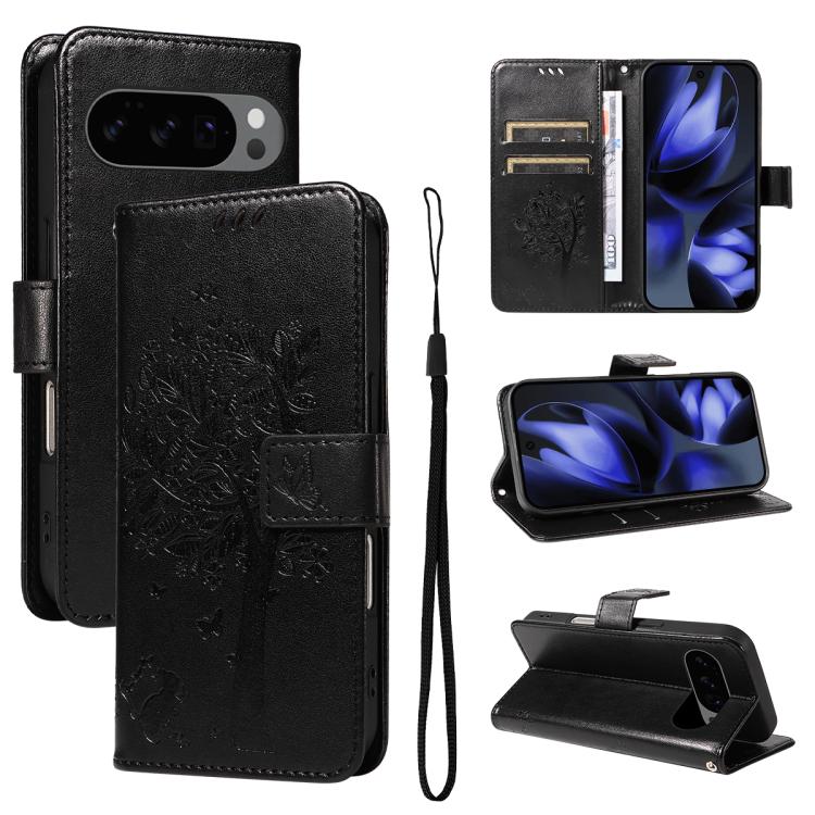 Tree & Cat Embossed Pattern Flip Leather Phone Case, For Google Pixel 10a, For Google Pixel 10 Pro XL 5G Global, For Google Pixel 10 5G / 10 Pro 5G Global