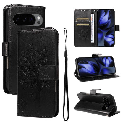 Tree & Cat Embossed Pattern Flip Leather Phone Case, For Google Pixel 10a, For Google Pixel 10 Pro XL 5G Global, For Google Pixel 10 5G / 10 Pro 5G Global
