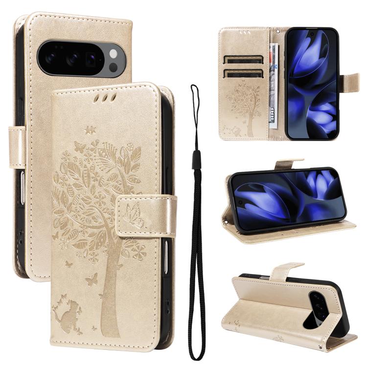 Tree & Cat Embossed Pattern Flip Leather Phone Case, For Google Pixel 10a, For Google Pixel 10 Pro XL 5G Global, For Google Pixel 10 5G / 10 Pro 5G Global