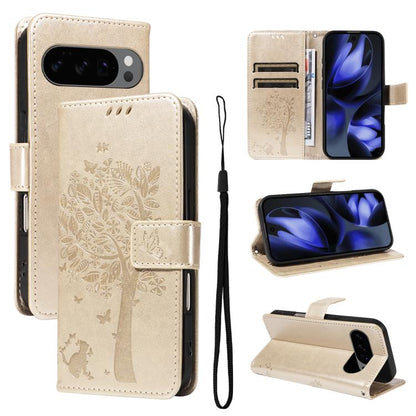 Tree & Cat Embossed Pattern Flip Leather Phone Case, For Google Pixel 10a, For Google Pixel 10 Pro XL 5G Global, For Google Pixel 10 5G / 10 Pro 5G Global