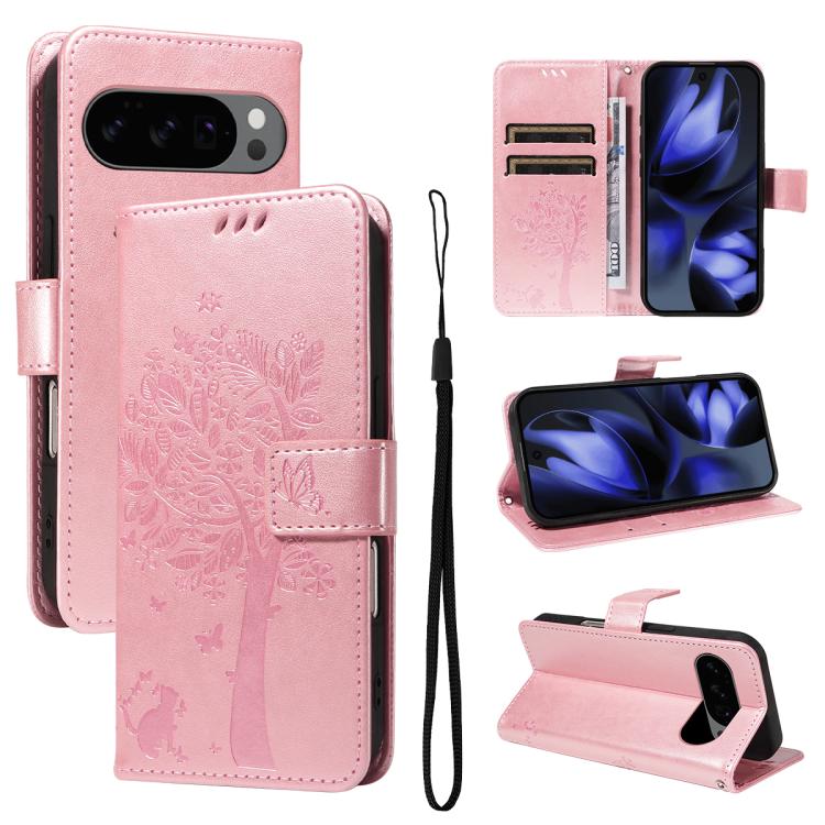 Tree & Cat Embossed Pattern Flip Leather Phone Case, For Google Pixel 10a, For Google Pixel 10 Pro XL 5G Global, For Google Pixel 10 5G / 10 Pro 5G Global
