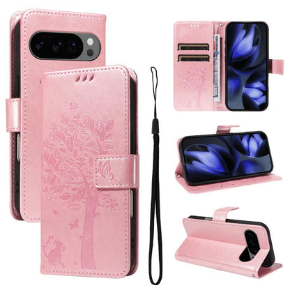Tree & Cat Embossed Pattern Flip Leather Phone Case, For Google Pixel 10a, For Google Pixel 10 Pro XL 5G Global, For Google Pixel 10 5G / 10 Pro 5G Global