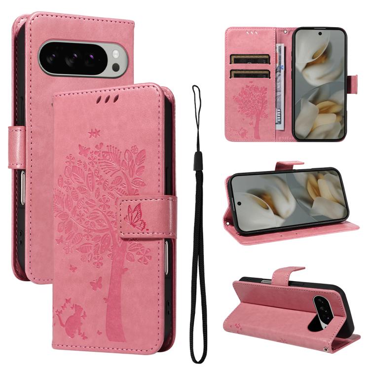 Tree & Cat Embossed Pattern Flip Leather Phone Case, For Google Pixel 10a, For Google Pixel 10 Pro XL 5G Global, For Google Pixel 10 5G / 10 Pro 5G Global
