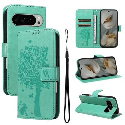 Tree & Cat Embossed Pattern Flip Leather Phone Case, For Google Pixel 10a, For Google Pixel 10 Pro XL 5G Global, For Google Pixel 10 5G / 10 Pro 5G Global
