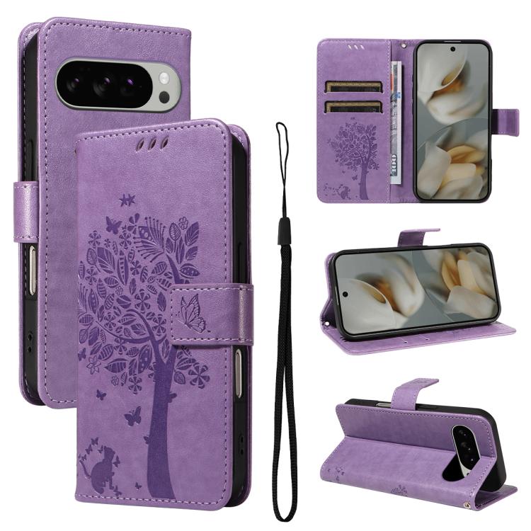 Tree & Cat Embossed Pattern Flip Leather Phone Case, For Google Pixel 10a, For Google Pixel 10 Pro XL 5G Global, For Google Pixel 10 5G / 10 Pro 5G Global