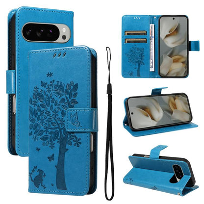 Tree & Cat Embossed Pattern Flip Leather Phone Case, For Google Pixel 10a, For Google Pixel 10 Pro XL 5G Global, For Google Pixel 10 5G / 10 Pro 5G Global