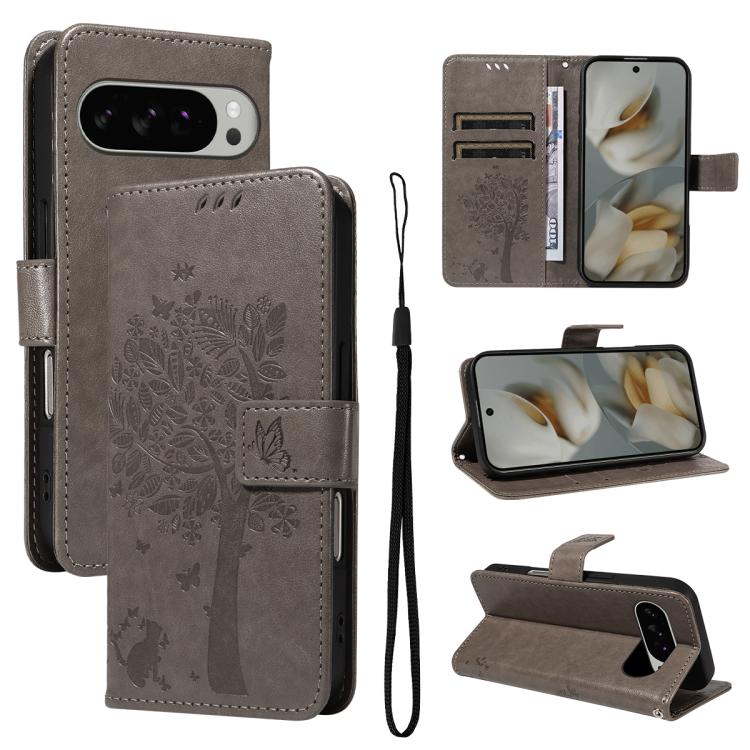Tree & Cat Embossed Pattern Flip Leather Phone Case, For Google Pixel 10a, For Google Pixel 10 Pro XL 5G Global, For Google Pixel 10 5G / 10 Pro 5G Global