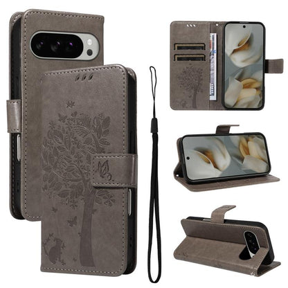 Tree & Cat Embossed Pattern Flip Leather Phone Case, For Google Pixel 10a, For Google Pixel 10 Pro XL 5G Global, For Google Pixel 10 5G / 10 Pro 5G Global