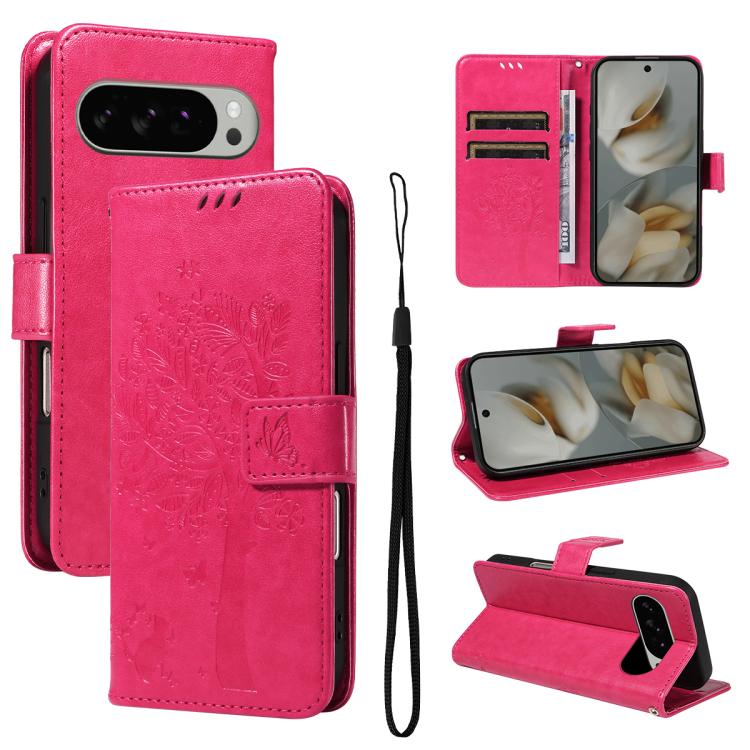 Tree & Cat Embossed Pattern Flip Leather Phone Case, For Google Pixel 10a, For Google Pixel 10 Pro XL 5G Global, For Google Pixel 10 5G / 10 Pro 5G Global