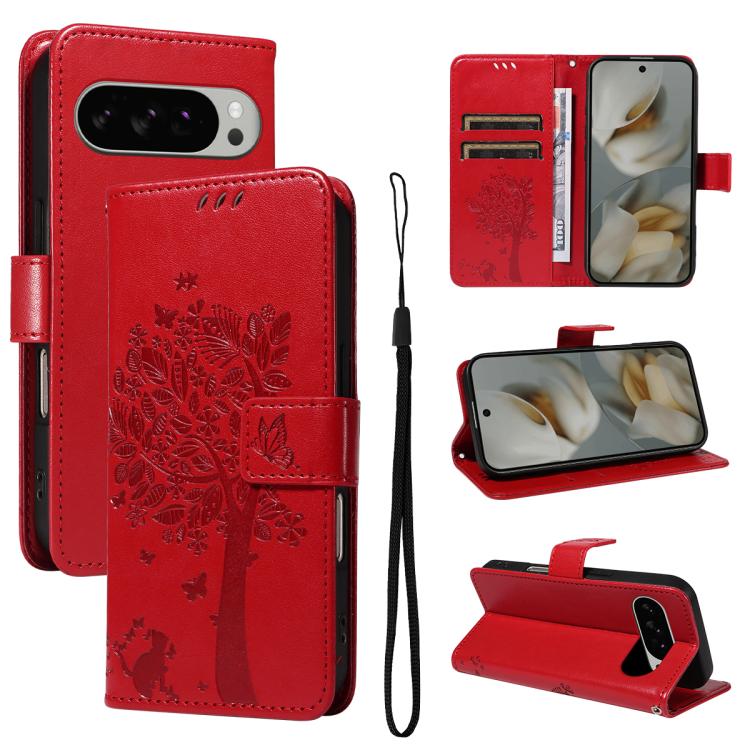 Tree & Cat Embossed Pattern Flip Leather Phone Case, For Google Pixel 10a, For Google Pixel 10 Pro XL 5G Global, For Google Pixel 10 5G / 10 Pro 5G Global