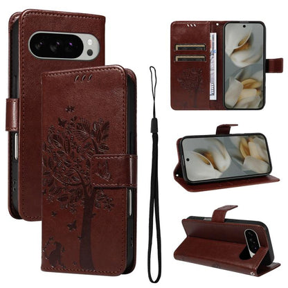 Tree & Cat Embossed Pattern Flip Leather Phone Case, For Google Pixel 10a, For Google Pixel 10 Pro XL 5G Global, For Google Pixel 10 5G / 10 Pro 5G Global