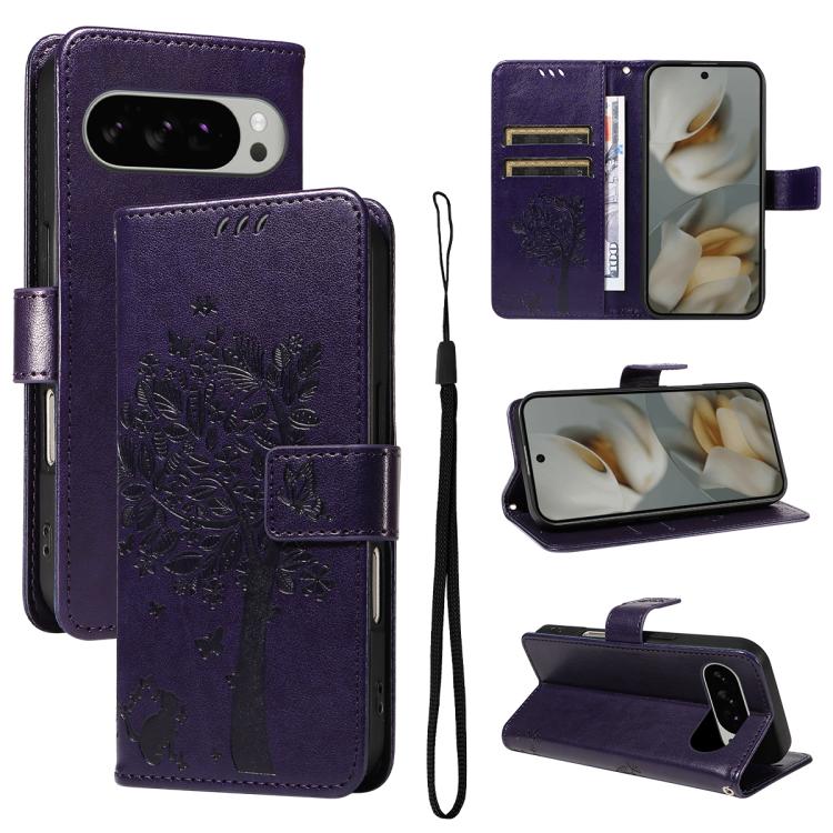 Tree & Cat Embossed Pattern Flip Leather Phone Case, For Google Pixel 10a, For Google Pixel 10 Pro XL 5G Global, For Google Pixel 10 5G / 10 Pro 5G Global